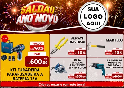 Modelo de Encarte para Encarte A4 Horizontal com o tema Saldão de Ano Novo para Maquinas e Ferramentas