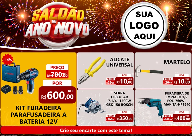 Modelo de Encarte para Encarte A4 Horizontal com o tema Saldão de Ano Novo para Maquinas e Ferramentas