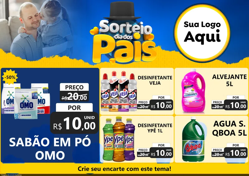 Modelo de Encarte para Encarte A4 Horizontal com o tema Sorteio Dia Dos Pais para Produtos de Limpeza