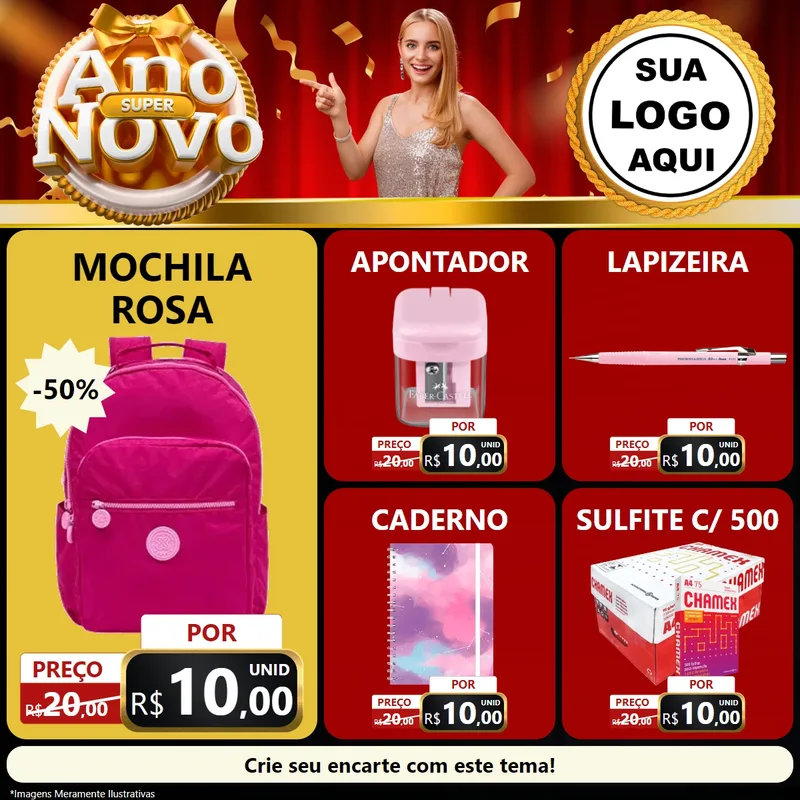 Modelo de Rede Social para Feed Facebook com o tema Super Ano Novo para Papelaria