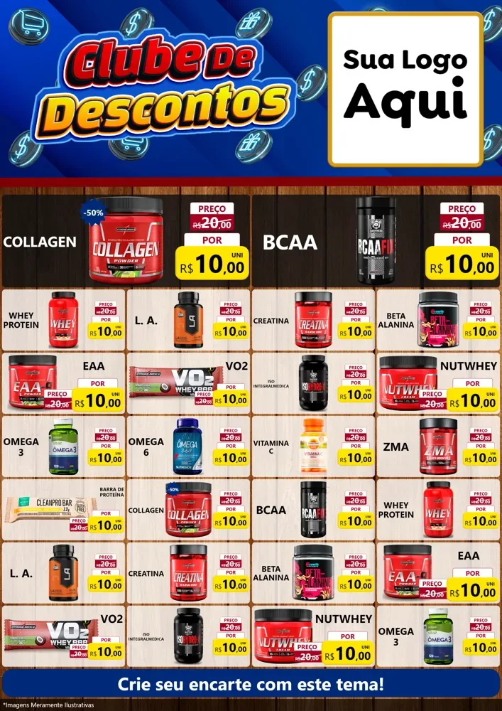 Modelo de Encarte para Encarte A4 Vertical com o tema Clube de Descontos para Suplementos alimentares