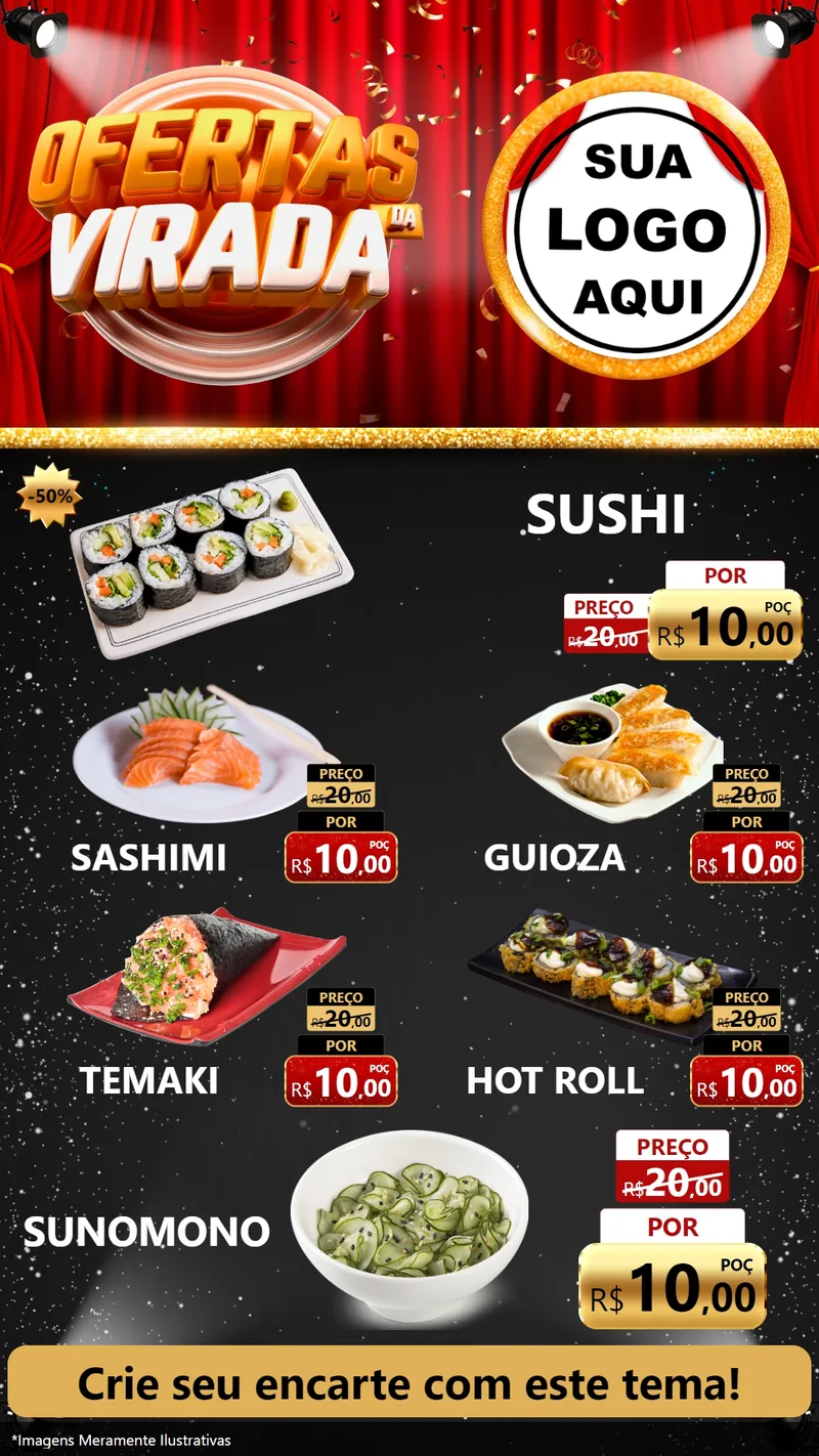 Modelo de TV para TV Vertical com o tema Ofertas da Virada para Comida japonesa