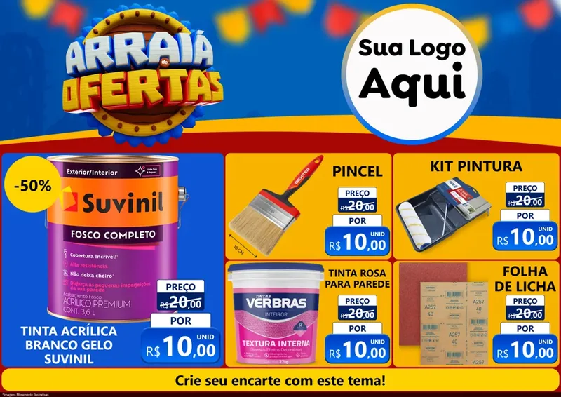 Modelo de Encarte para Encarte A4 Horizontal com o tema Arraiá de Ofertas - Junina para Tintas e Ferramentas