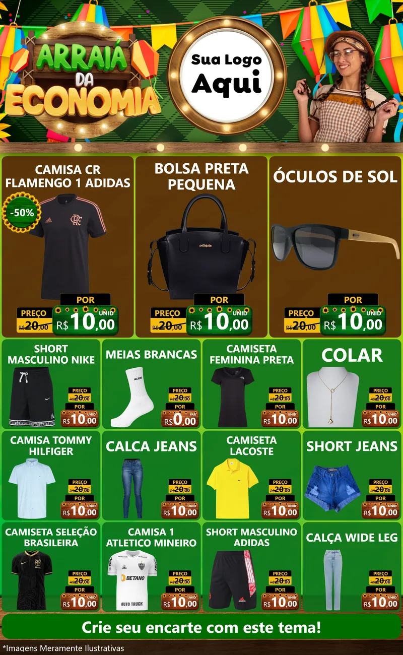 Modelo de Encarte para Encarte Grande com o tema Arraiá de Economia para Roupas e acessórios