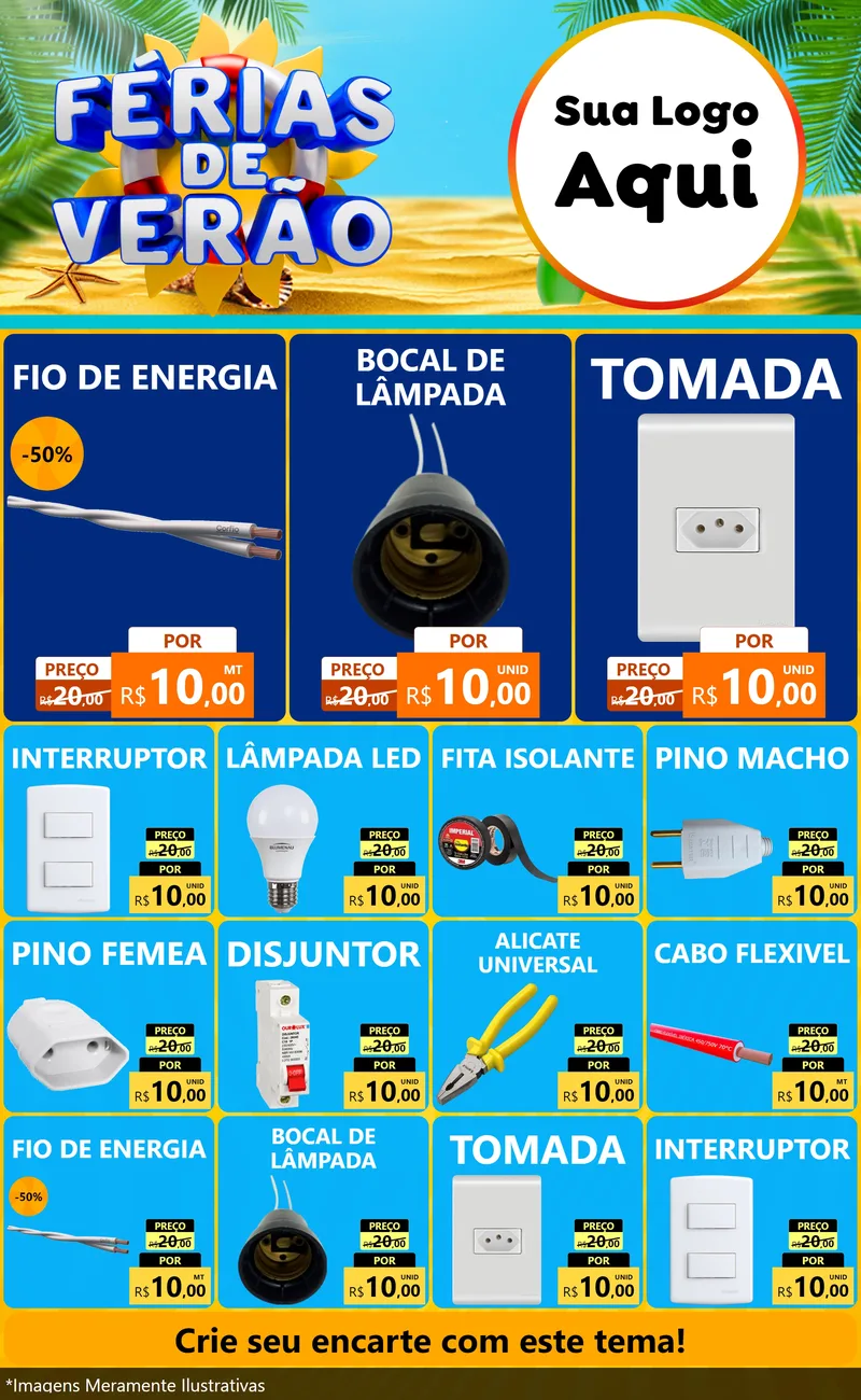 Modelo de Encarte para Encarte Grande com o tema Férias de Verão para Materiais Elétricos
