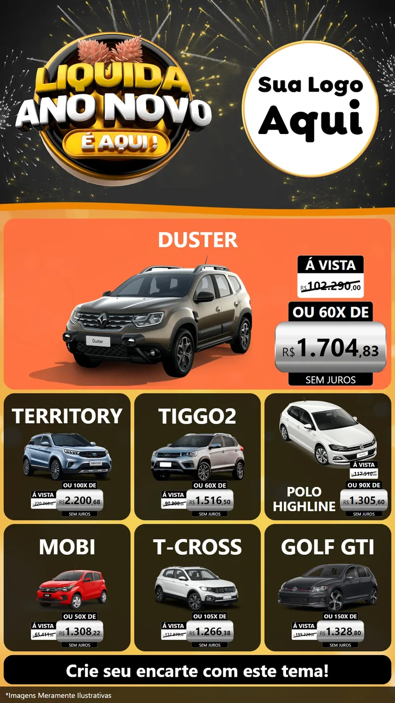 Modelo de Rede Social para Stories com o tema Liquida Ano Novo É Aqui! para Concessionaria de Carros