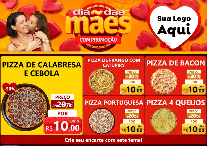 Modelo de Encarte para Encarte A4 Horizontal com o tema Dia das Mães com Promoção para Pizzaria