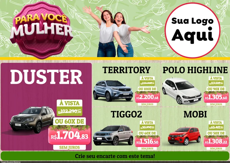 Modelo de Encarte para Encarte A4 Horizontal com o tema Para Você Mulher para Concessionaria de Carros
