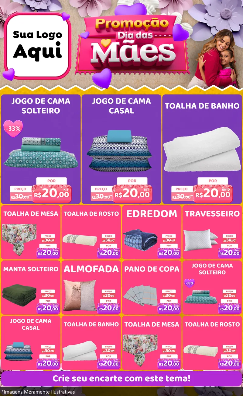 Modelo de Encarte para Encarte Grande com o tema Promoção Dia das Mães para Cama, Mesa e Banho
