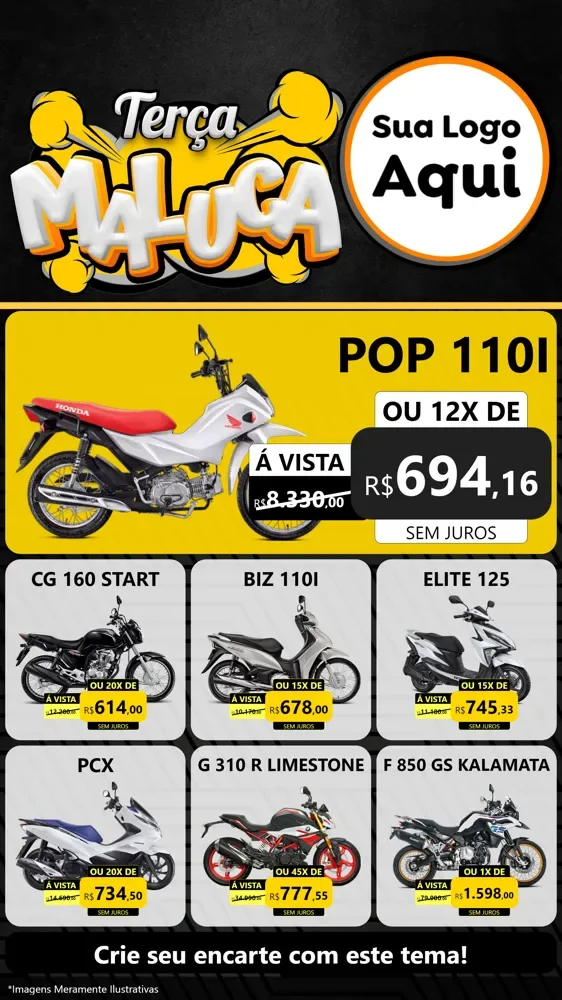Modelo de Rede Social para Stories com o tema Terça Maluca para Concessionaria de Motos