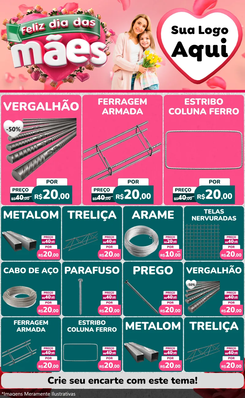 Modelo de Encarte para Encarte Grande com o tema Feliz Dia das Mães para Ferragens
