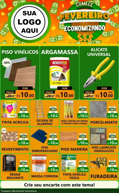 Modelo de Encarte para Encarte Grande com o tema Comece Fevereiro Economizando para Material para Construção