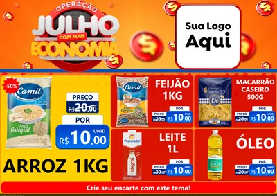 Modelo de Encarte para Encarte A4 Horizontal com o tema Operação Julho Com Mais Economia para Supermercado