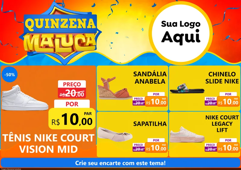 Modelo de Encarte para Encarte A4 Horizontal com o tema Quinzena Maluca para Calçados