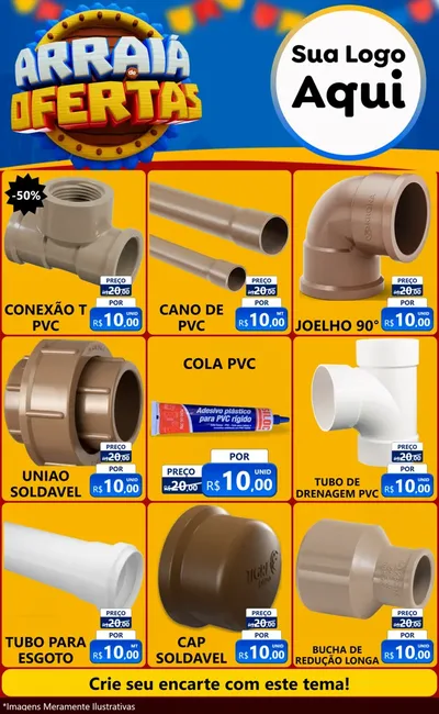 Modelo de Encarte para Encarte Grande com o tema Arraiá de Ofertas - Junina para Tubos e conexões