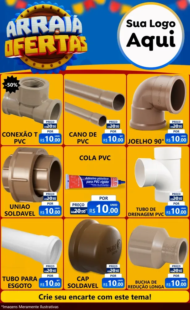 Modelo de Encarte para Encarte Grande com o tema Arraiá de Ofertas - Junina para Tubos e conexões