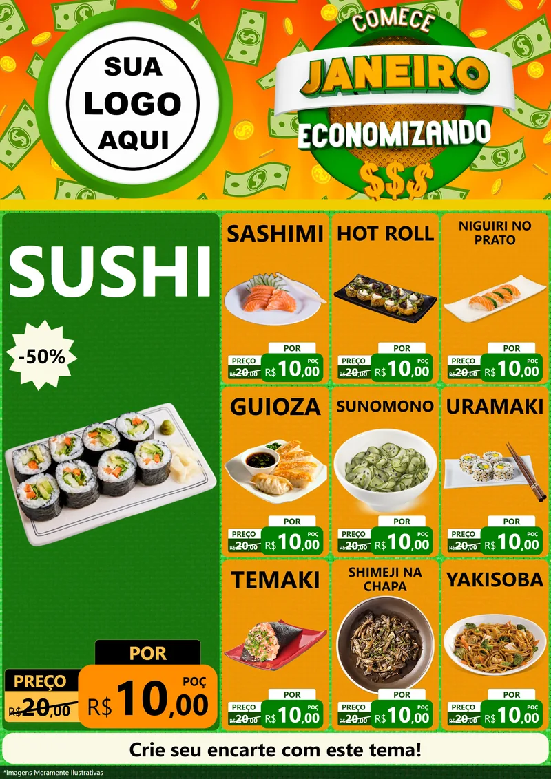 Modelo de Encarte para Encarte A4 Vertical com o tema Comece Janeiro Economizando para Comida japonesa