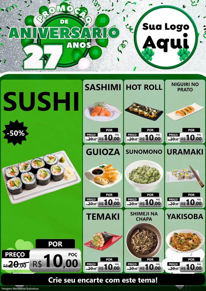 Modelo de Encarte para Encarte A4 Vertical com o tema Promoção de Aniversário - 27 Anos para Comida japonesa