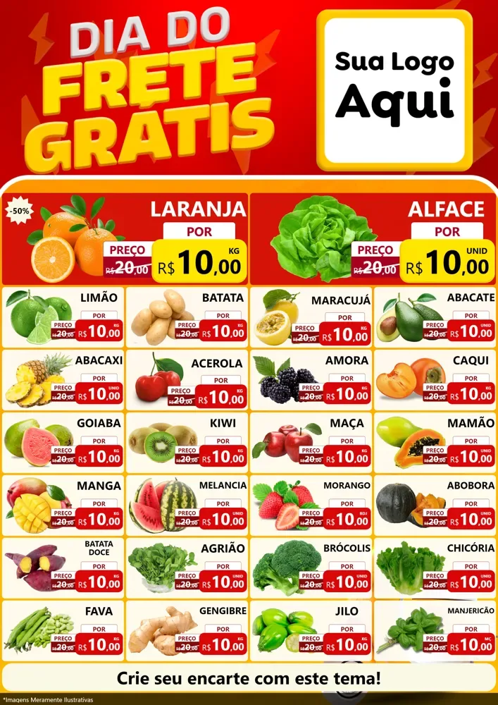 Modelo de Encarte para Encarte A4 Vertical com o tema Dia do Frete Grátis para Hortifrúti