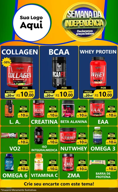Modelo de Encarte para Encarte Grande com o tema Semana da Independência Declaramos Preços Baixos para Suplementos alimentares