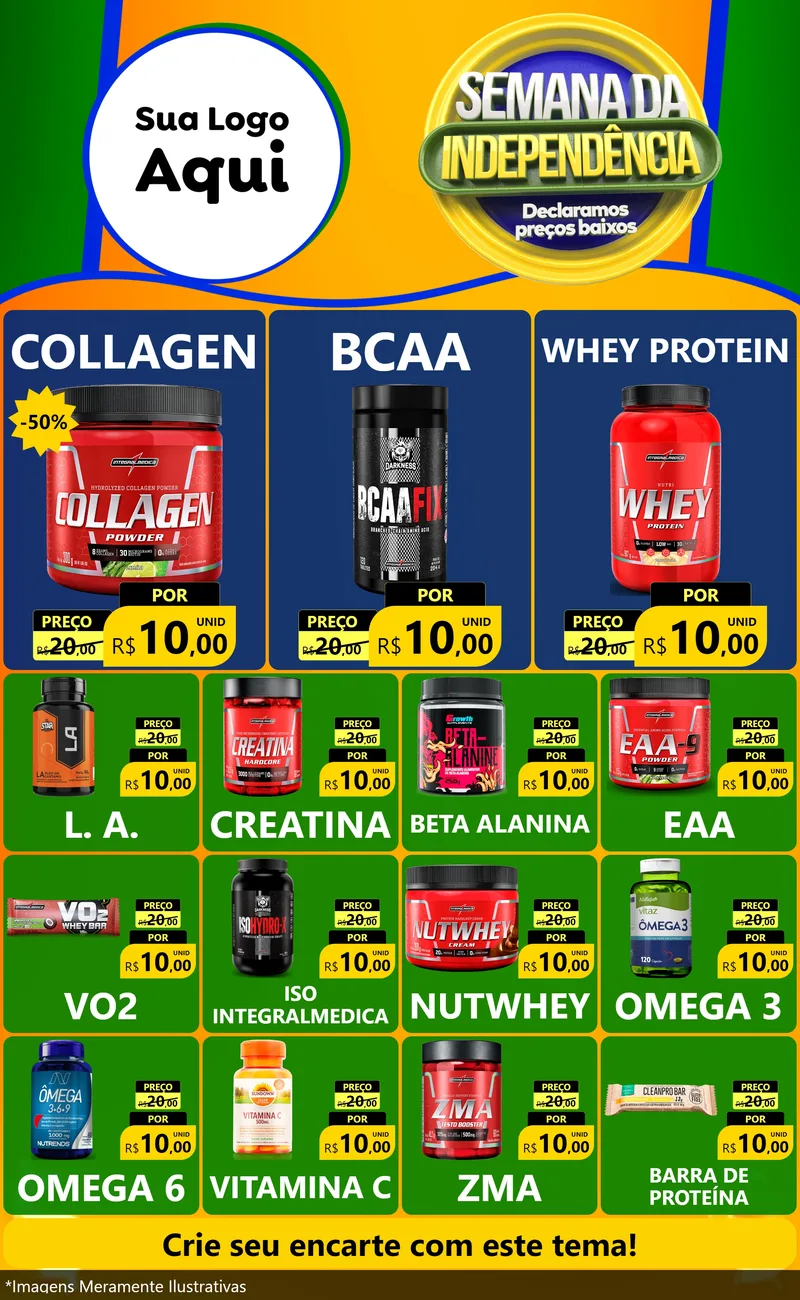 Modelo de Encarte para Encarte Grande com o tema Semana da Independência Declaramos Preços Baixos para Suplementos alimentares