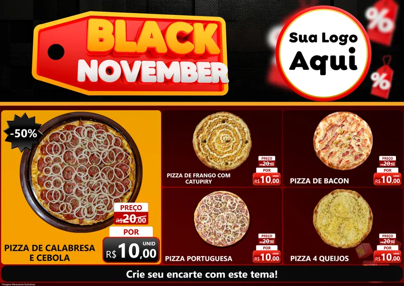 Modelo de Encarte para Encarte A4 Horizontal com o tema Black November para Pizzaria