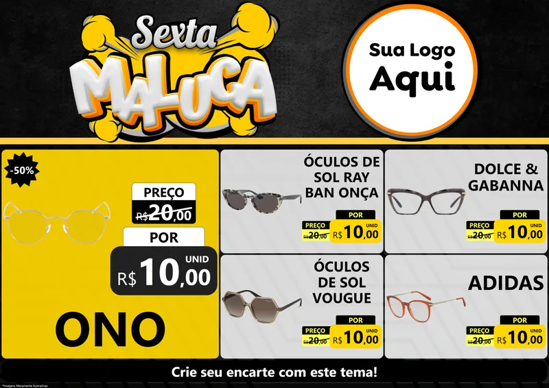 Modelo de Encarte para Encarte A4 Horizontal com o tema Sexta Maluca para Óticas