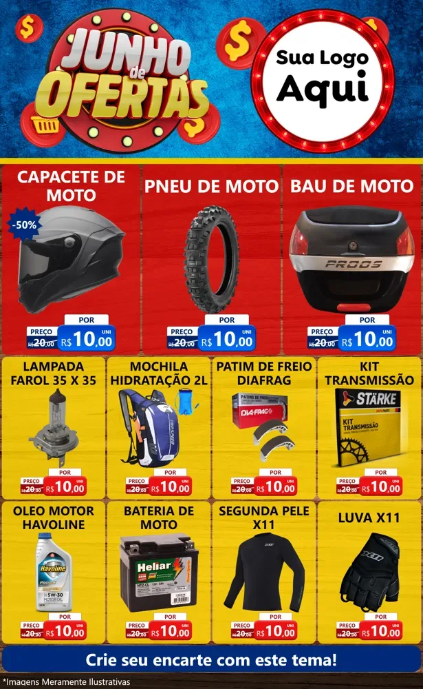 Modelo de Encarte para Encarte Grande com o tema Junho de Ofertas para Moto peças