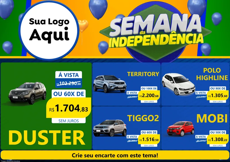 Modelo de Encarte para Encarte A4 Horizontal com o tema Semana da Independência para Concessionaria de Carros