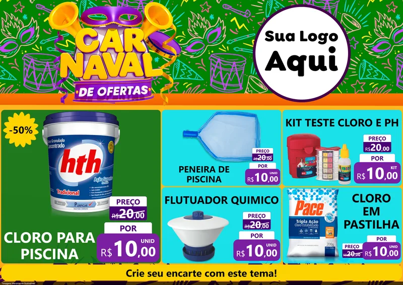 Modelo de Encarte para Encarte A4 Horizontal com o tema Carnaval de Ofertas para Produtos para Piscina