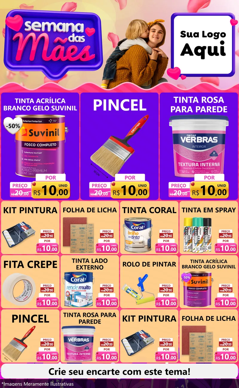 Modelo de Encarte para Encarte Grande com o tema Semana das Mães para Tintas e Ferramentas