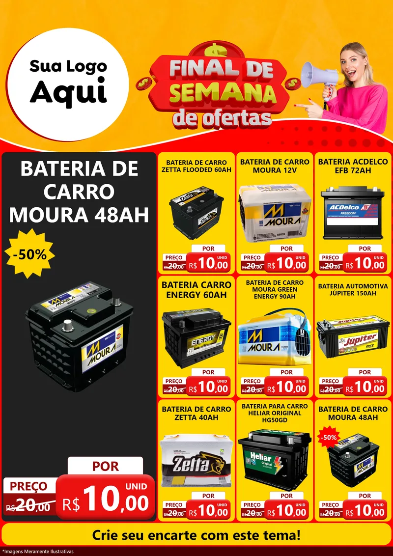 Modelo de Encarte para Encarte A4 Vertical com o tema Final de Semana de Ofertas para Baterias Elétricas