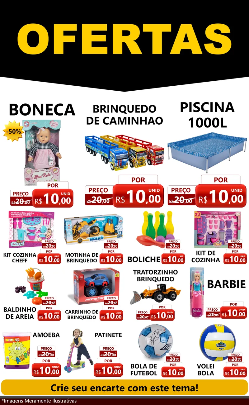 Modelo de Encarte para Encarte Grande com o tema Ofertas Preto e Vermelho Cartaz para Brinquedos