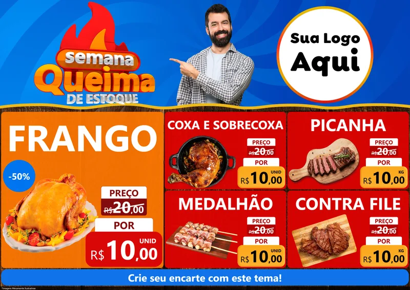 Modelo de Encarte para Encarte A4 Horizontal com o tema Semana Queima de Estoque para Assados