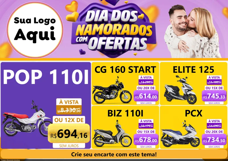 Modelo de Encarte para Encarte A4 Horizontal com o tema Dia Dos Namorados Com Ofertas para Concessionaria de Motos