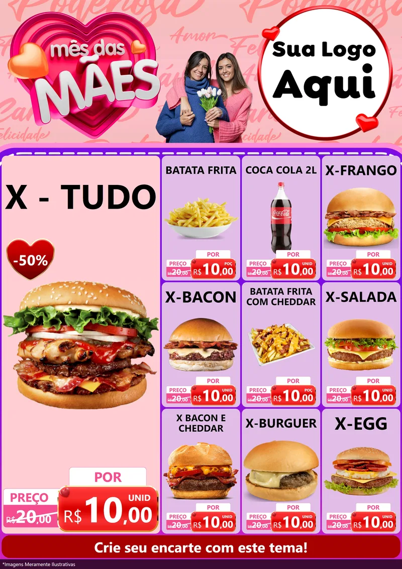 Modelo de Encarte para Encarte A4 Vertical com o tema Mês Das Mães para Hamburgueria