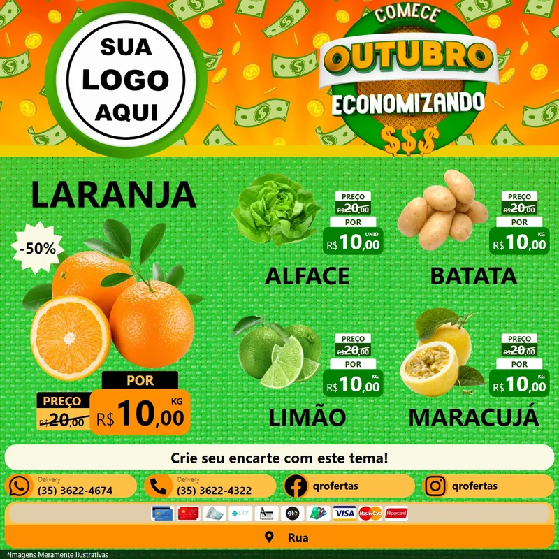 Modelo de Rede Social para Feed Facebook com o tema Comece Outubro Economizando para Hortifrúti