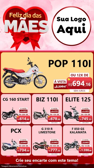 Modelo de Rede Social para Stories com o tema Feliz Dia Das Mães para Concessionaria de Motos