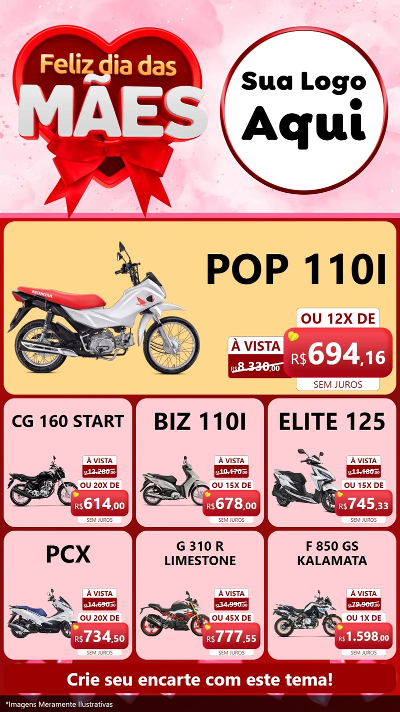Modelo de Rede Social para Stories com o tema Feliz Dia Das Mães para Concessionaria de Motos