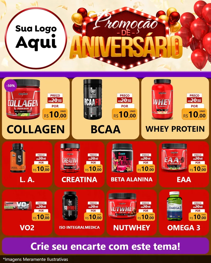 Modelo de Rede Social para Feed Instagram com o tema Promoção de Aniversário para Suplementos alimentares