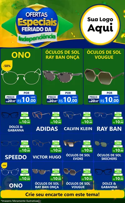 Modelo de Encarte para Encarte Grande com o tema Ofertas Especiais Feriado da Independência para Óticas