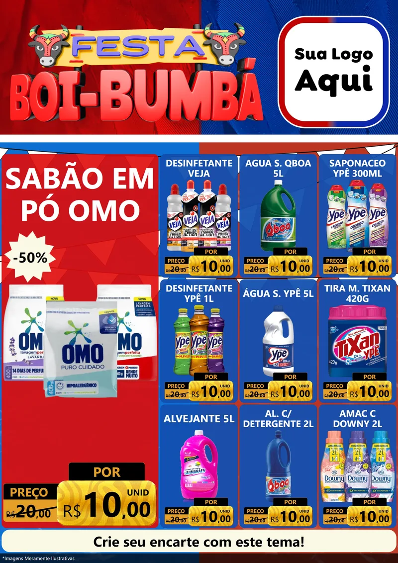 Modelo de Encarte para Encarte A4 Vertical com o tema Festa Boi Bumbá para Produtos de Limpeza