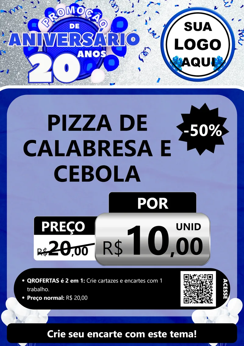 Modelo de Cartaz para Cartaz A4 Vertical com o tema Promoção de Aniversário - 20 Anos para Pizzaria