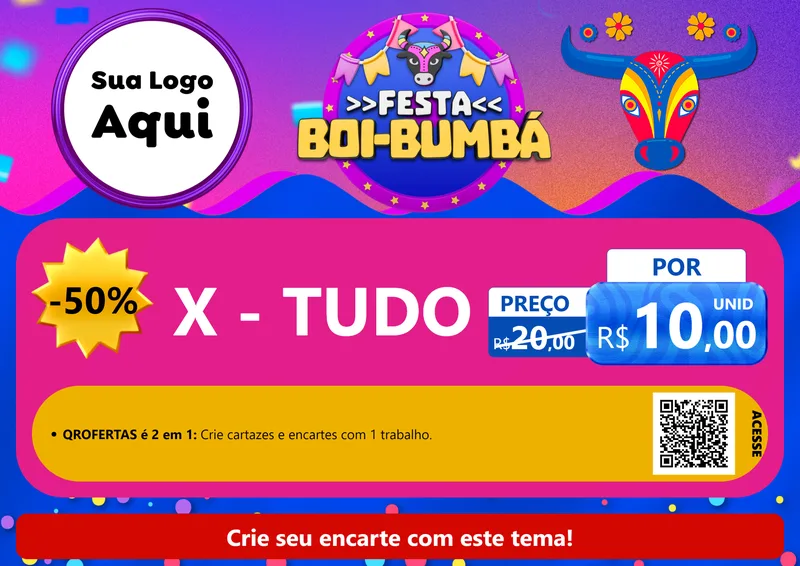 Modelo de Cartaz para Cartaz A4 Horizontal com o tema Festa Boi-Bumbá para Hamburgueria