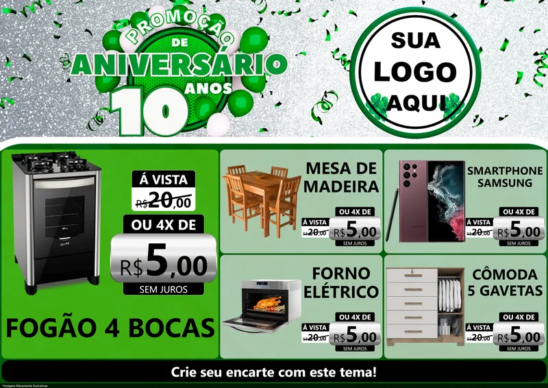 Modelo de Encarte para Encarte A4 Horizontal com o tema Promoção de Aniversário - 10 Anos para Móveis e Eletro