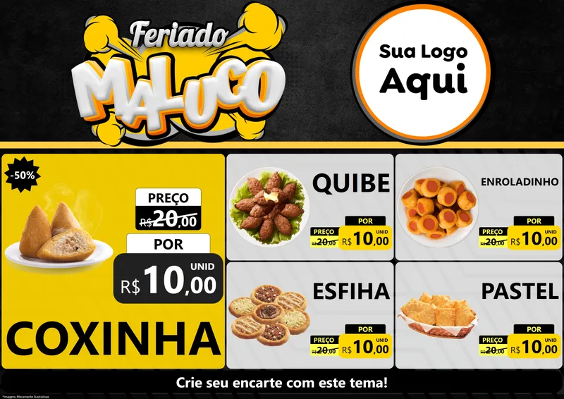 Modelo de Encarte para Encarte A4 Horizontal com o tema Feriado Maluco para Salgadaria