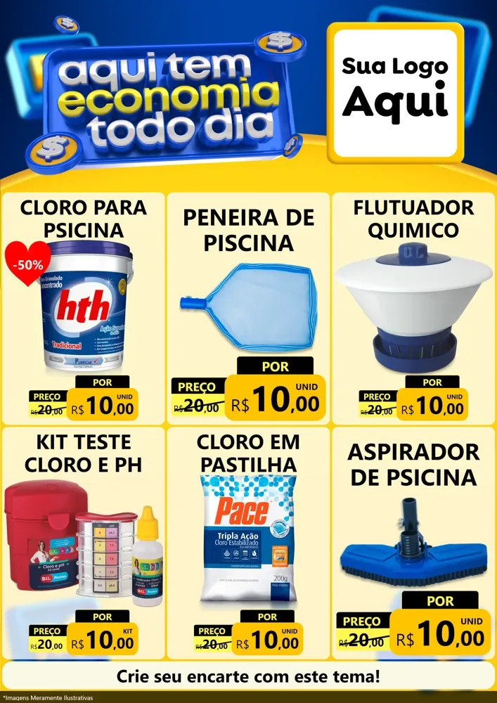 Modelo de Encarte para Encarte A4 Vertical com o tema Aqui Tem Economia Todo Dia para Produtos para Piscina