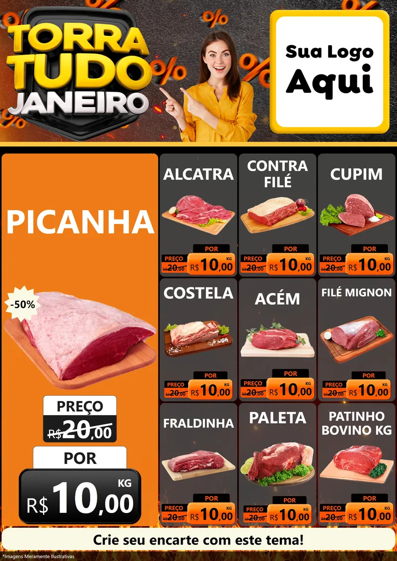 Modelo de Encarte para Encarte A4 Vertical com o tema Torra Tudo Janeiro para Açougue