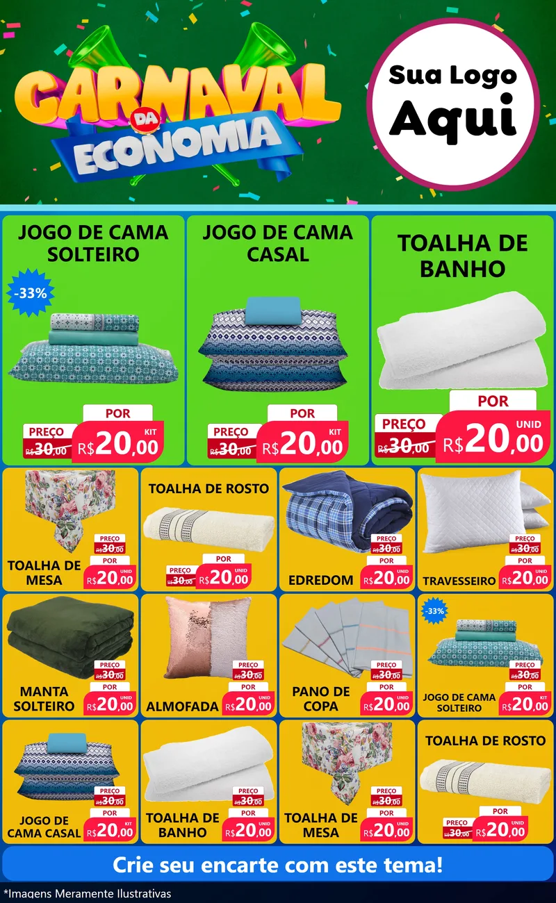 Modelo de Encarte para Encarte Grande com o tema Carnaval da Economia para Cama, Mesa e Banho