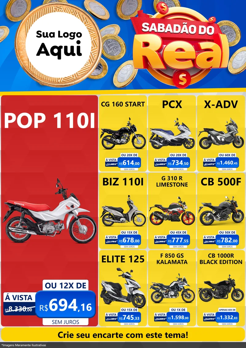 Modelo de Encarte para Encarte A4 Vertical com o tema Sabadão do Real para Concessionaria de Motos